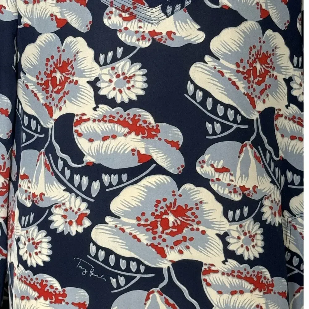 Tory Burch Navy Blue Floral‎ Print Silk Blouse Size 6